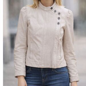 Joie Womens Taupe Lambskin Leather Moto Jacket Pleated Shirred Designer Size S